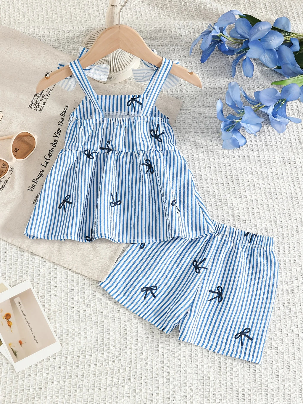 Baby Girl Summer 2PCS Set Blue White Striped Sling Bodysuit Shorts 3D Bow Cute Soft Outfit