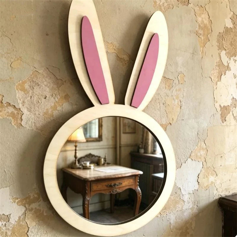 Ins Nordic Style Wooden Rabbit Silver Mirror Decoration, Rabbit Ear Decorative Mirror, Fun Rabbit Mirror for Home Room Walls, Perfect Practical Gift for Bedroom and Hallway for Holidays.