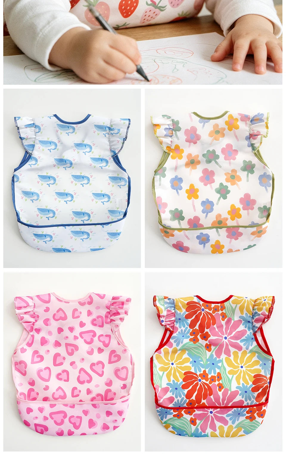 Elinfant 1 Pc Baby Bib For Eating Waterproof Reusable Wipeable Toddler Bibs with Catch-All Pocket Feeding Bibs for Girls & Boys