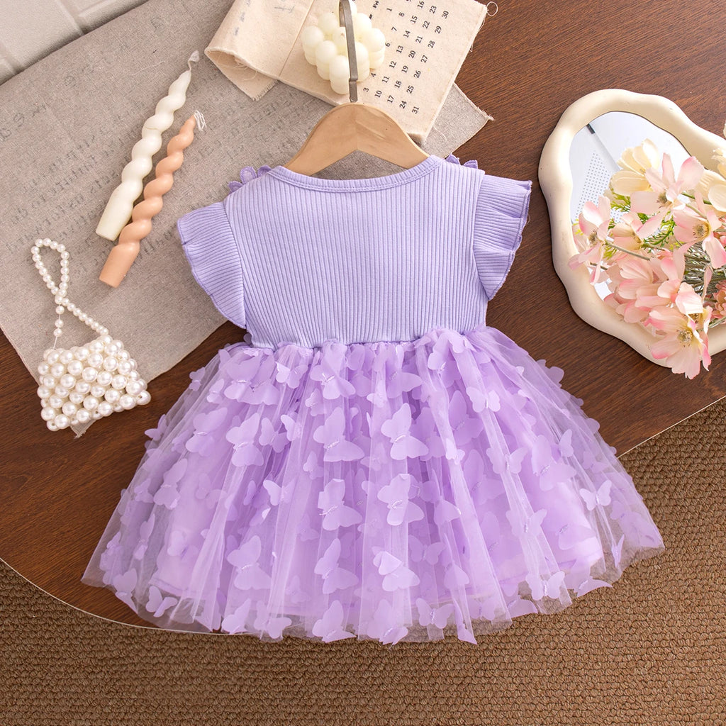 Summer Fashion Solid Color Toddler Princess Fairy Dress Korean Style Sweet Pink Bow Birthday Party Baby Girl Butterfly Dress