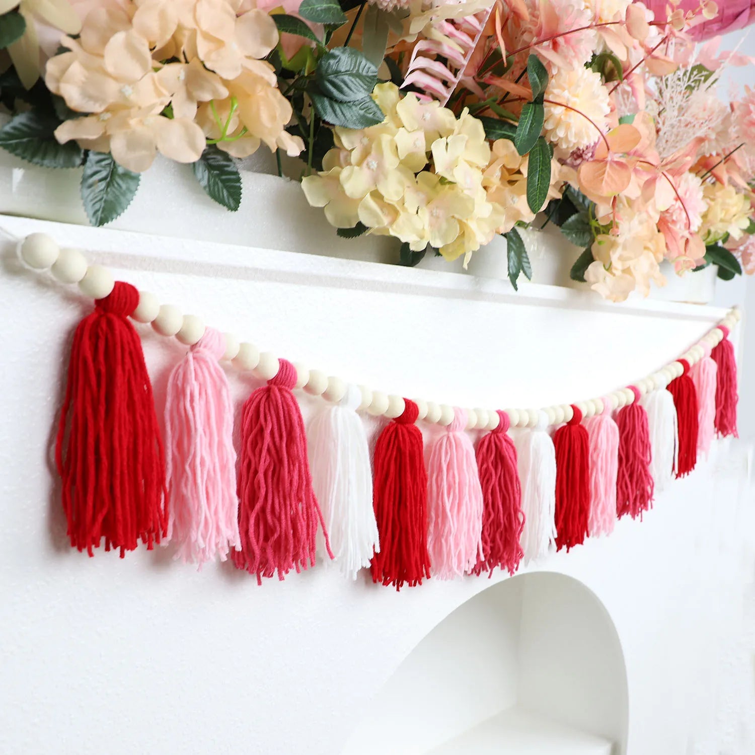 Bohemian Wooden Bead Garland with Red Tassels - Wall Decoration