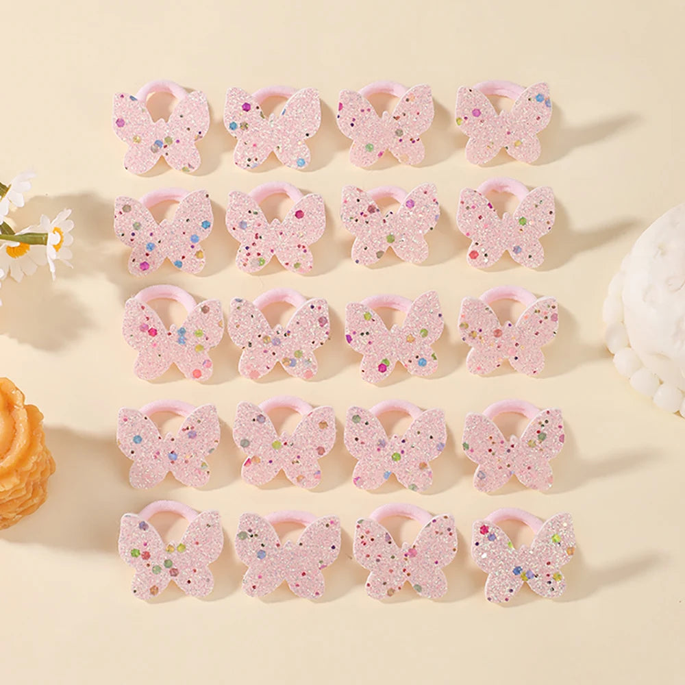 20Pcs/lot Sequin Butterfly Hairbands for Children No Harm To Hair Cartoon Towel Rope Girls Ponytail Holder Rubber Band Headwear