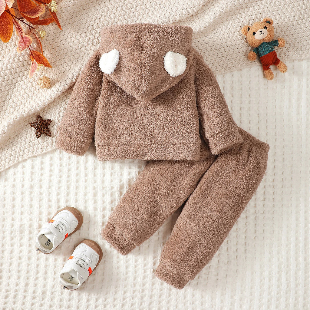 Toddler children's Boy Set Brown Hooded Plush Long sleeved Pants Two-piece Set fit 0-3 Year old Male Baby Winter Warm Suit