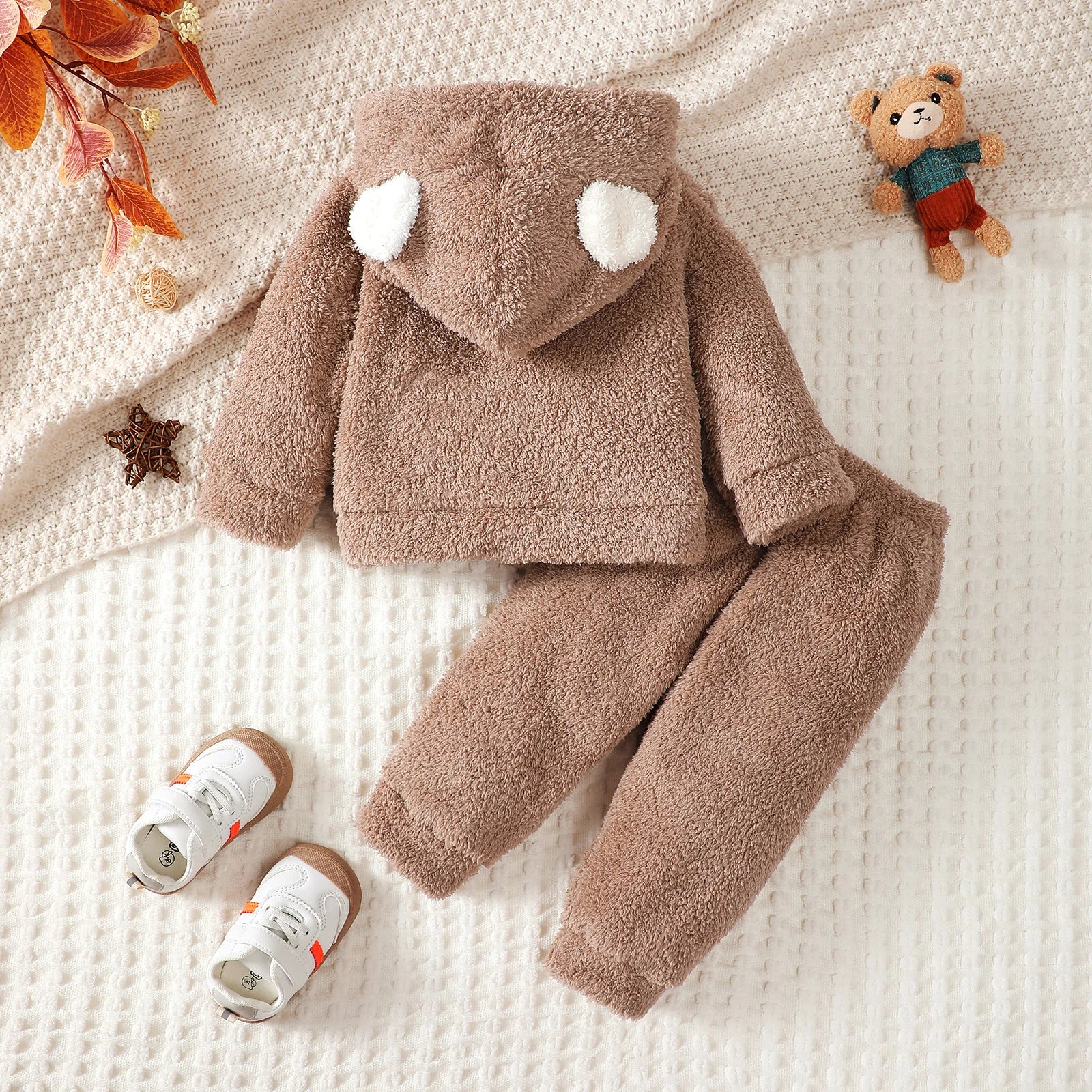 Toddler children's Boy Set Brown Hooded Plush Long sleeved Pants Two-piece Set fit 0-3 Year old Male Baby Winter Warm Suit