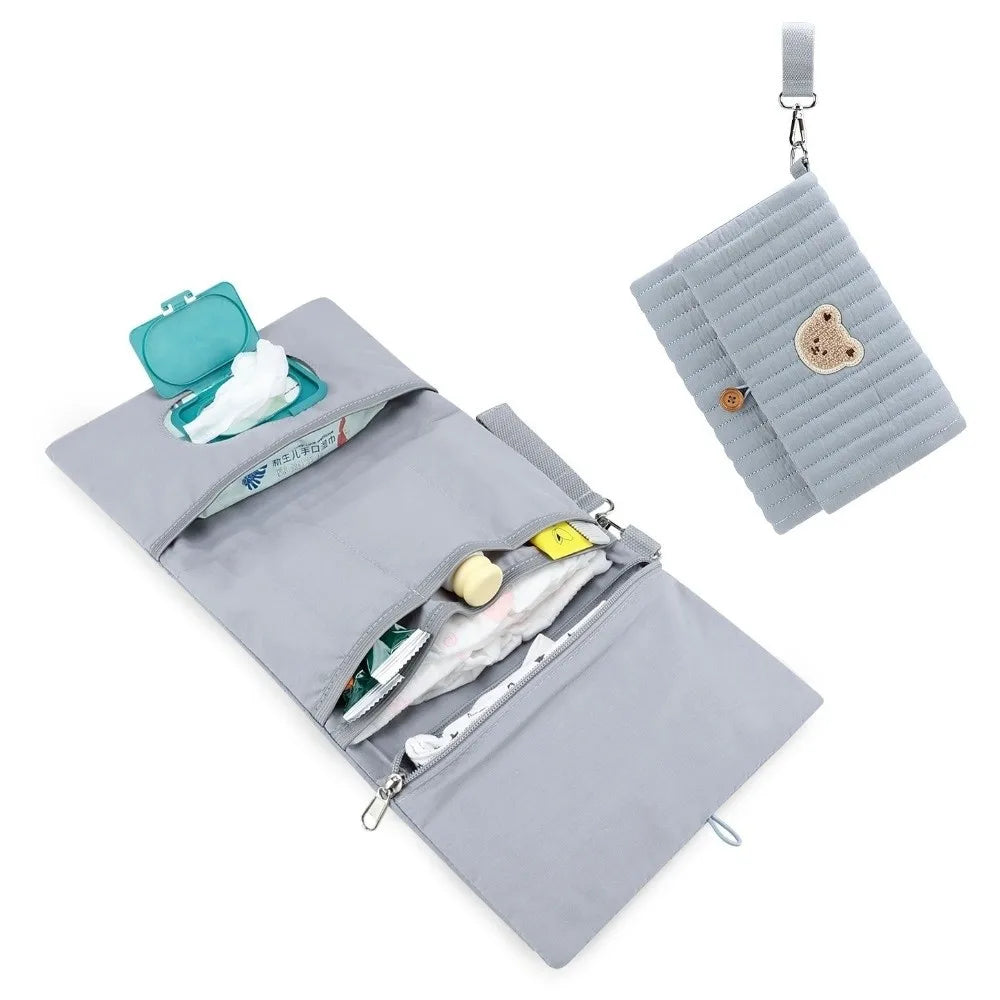 Cute Baby Hanging Diaper Bag Multi-Compartment Cotton Foldable Storage Pouch with Wipe Holder Detachable Strap