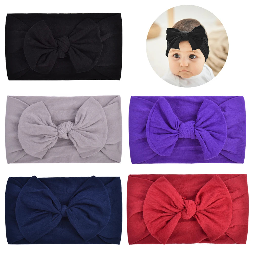 5Pcs/lot Bright Nylon Solid Color Baby Headband Set 3.5inch Bowknot Casual Headties Soft and Non Damaging To Hair