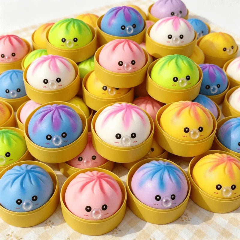 Kawaii Bubble Blowing Bun Squishy Set, Soft Baozi Squeeze Toy with Steamer Lid Base, Rising Stress Ball Funny Fidget Toy Kids
