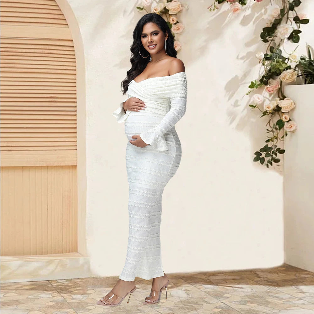 Maternity Fishtail Long Sleeves Criss Cross Neck Fall Dress Fashion Bodycon Pregnant Women Gown for Baby Shower Photoshoot