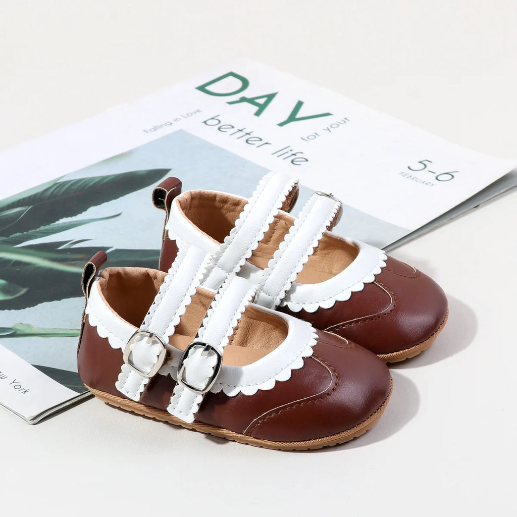 0-18 Months Infant Pre-walker Shoes, Scalloped Lace Trim Dual Buckle Strap Soft Non-slip Rubber Sole Indoor Baby Mary Jane Shoes