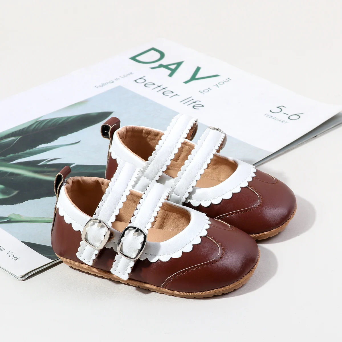 0-18 Months Infant Pre-walker Shoes, Scalloped Lace Trim Dual Buckle Strap Soft Non-slip Rubber Sole Indoor Baby Mary Jane Shoes
