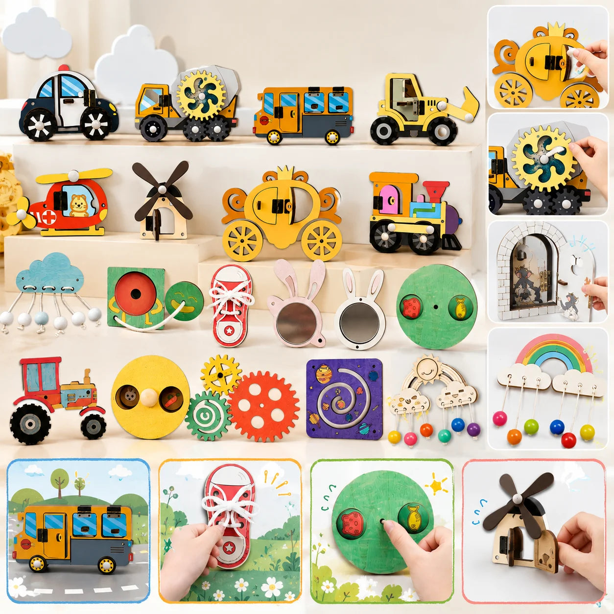 Montessori Wooden Busy Board Do It Yourself Accessories Castle Train Parts Sensory Educational Toy for Toddlers