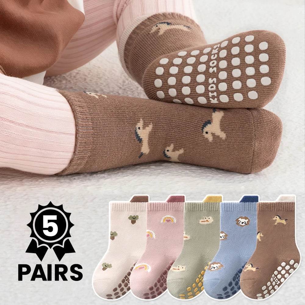 5 pairs anti-slip adhesive baby socks with cartoon animal patterns