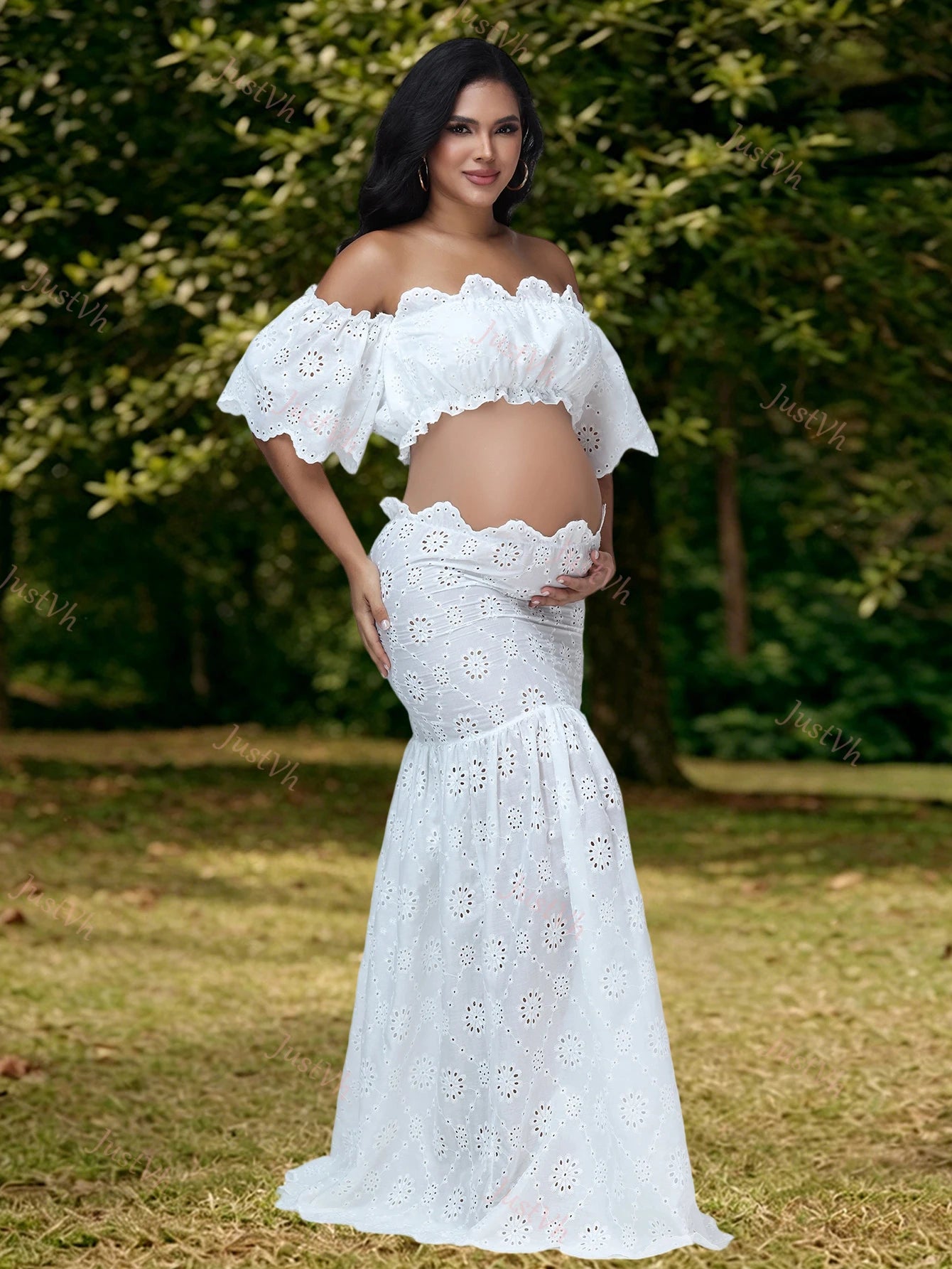 Maternity 2 Pieces Set Dress for Photoshoot Floral Embroidery Ruffle Short Top & Side Slit Long Skirt for Baby Shower