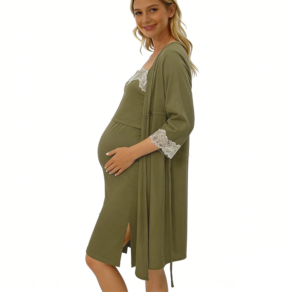 2pcs/Set Pregnancy Pajamas Sleepwear Nursing Pregnant Woman Sling Breastfeeding Nightgown Maternity Labor Dress+Robe Childbirth