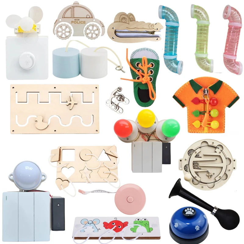DIY Montessori Busy Board Wooden LED Accessories Fan Switch Light Pipeline Education Toy Matchmaking Board Hand  Educational Toy