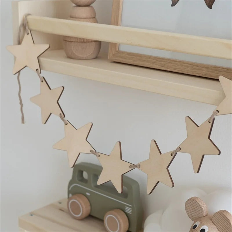 Ins Nordic Wooden Stars Garlands Wall Hanging Ornaments Home Room Pull Flag Children's Room Decoration Party Bunting Banner