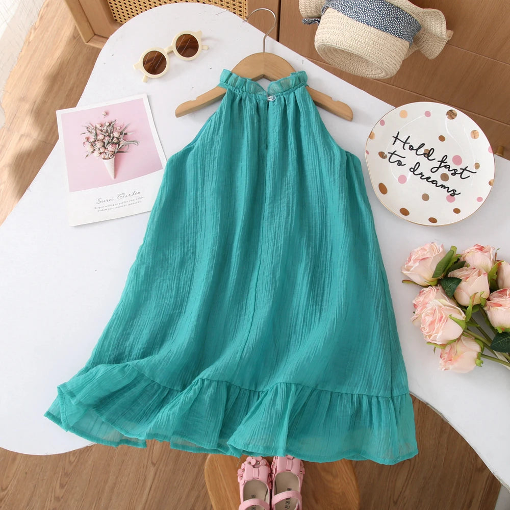 Humor Bear Summer Girl's Dress Solid color retro-style halter sleeveless Fashion Princess Dress Casual Dresses For Girls
