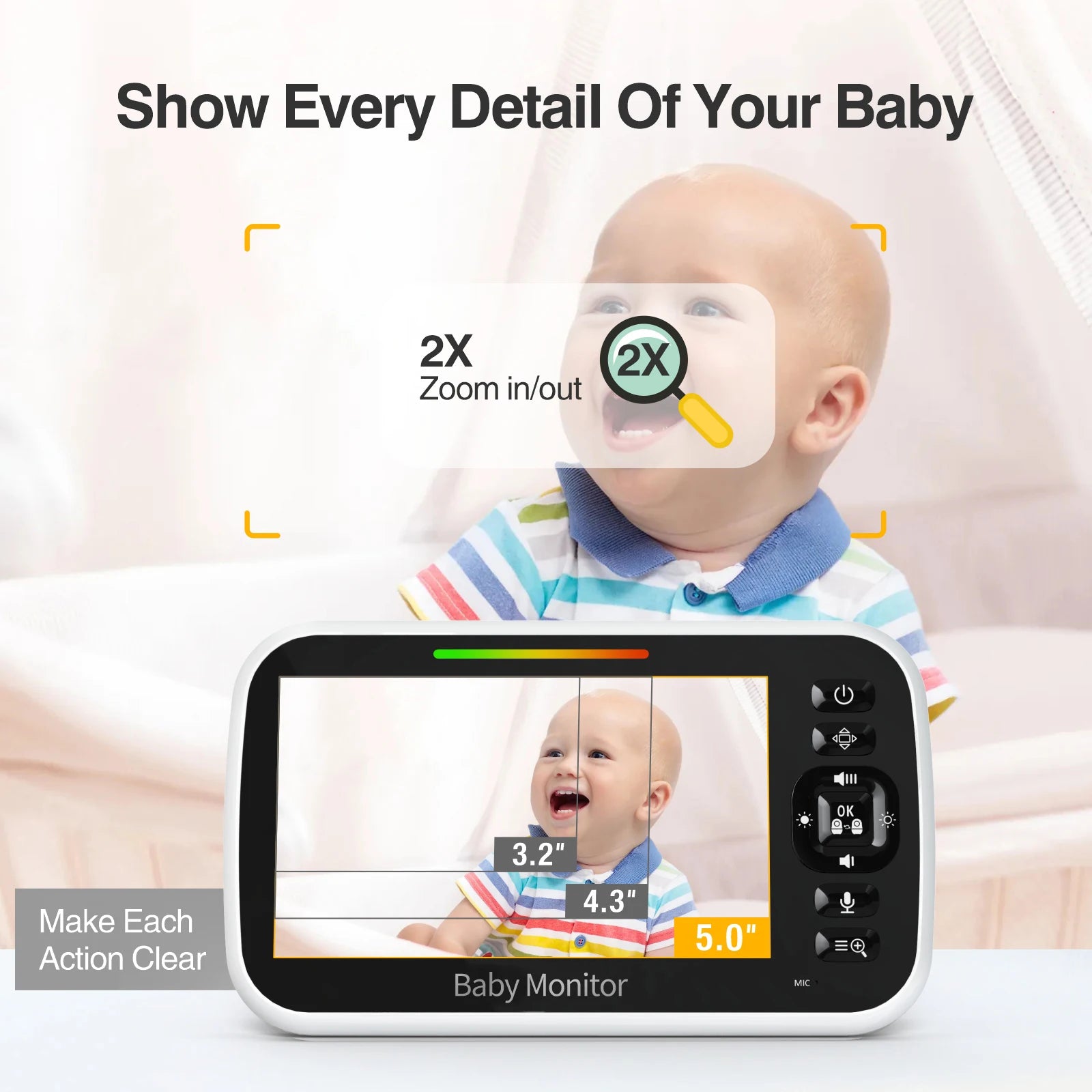Baby Monitor with Camera 5'' Display with 30 Hours Battery, Pan-Tilt-Zoom Video Baby Monitor No WiFi, 2-Way Call, Temperature