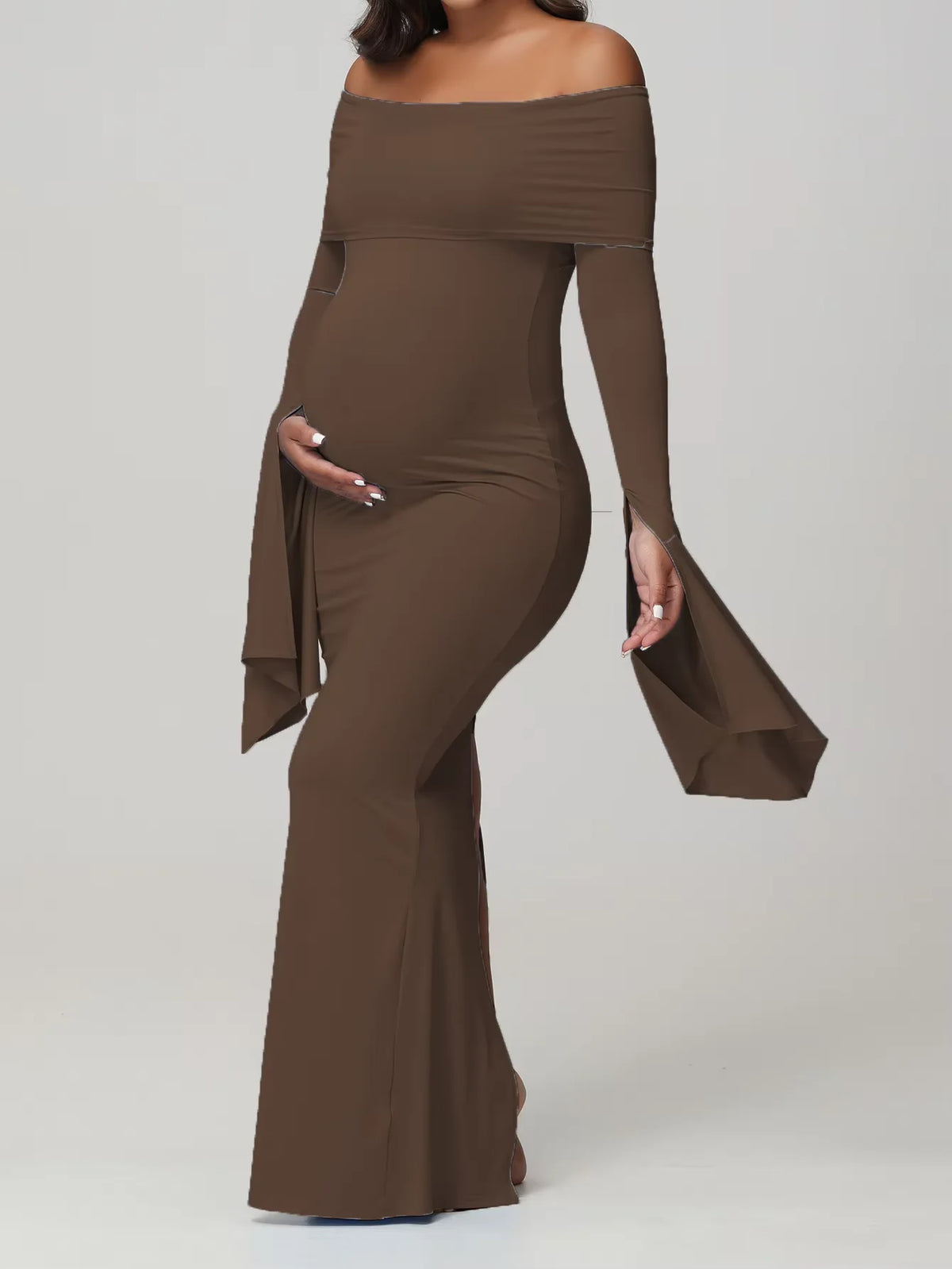 Maternity Off Shoulder Maxi Dress For Photoshoot Long Sleeve Bodycon Gown For Pregnancy And Baby Shower