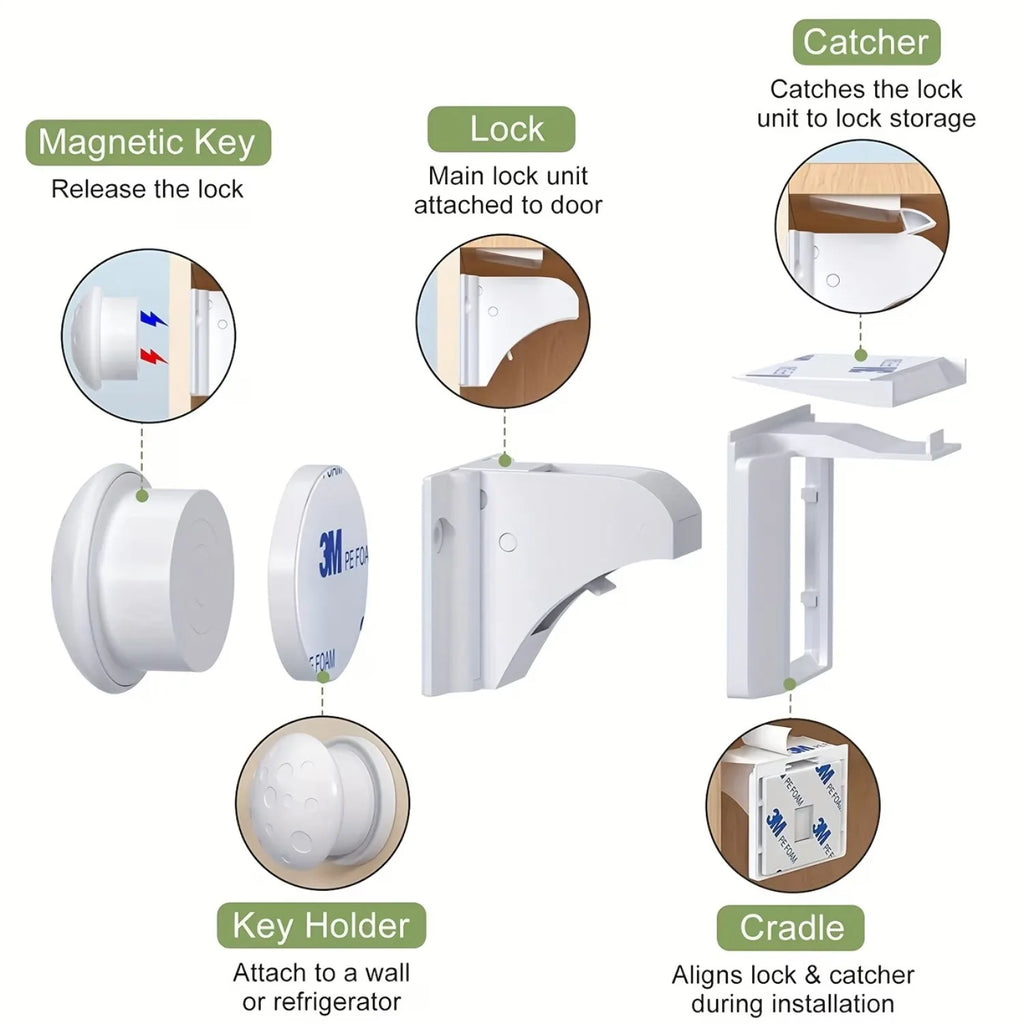 4/8Piece Magnetic Child Safety Cabinet Locks No Drill Baby Proofing Drawer Lock with Key Adhesive or Screw Mount Option