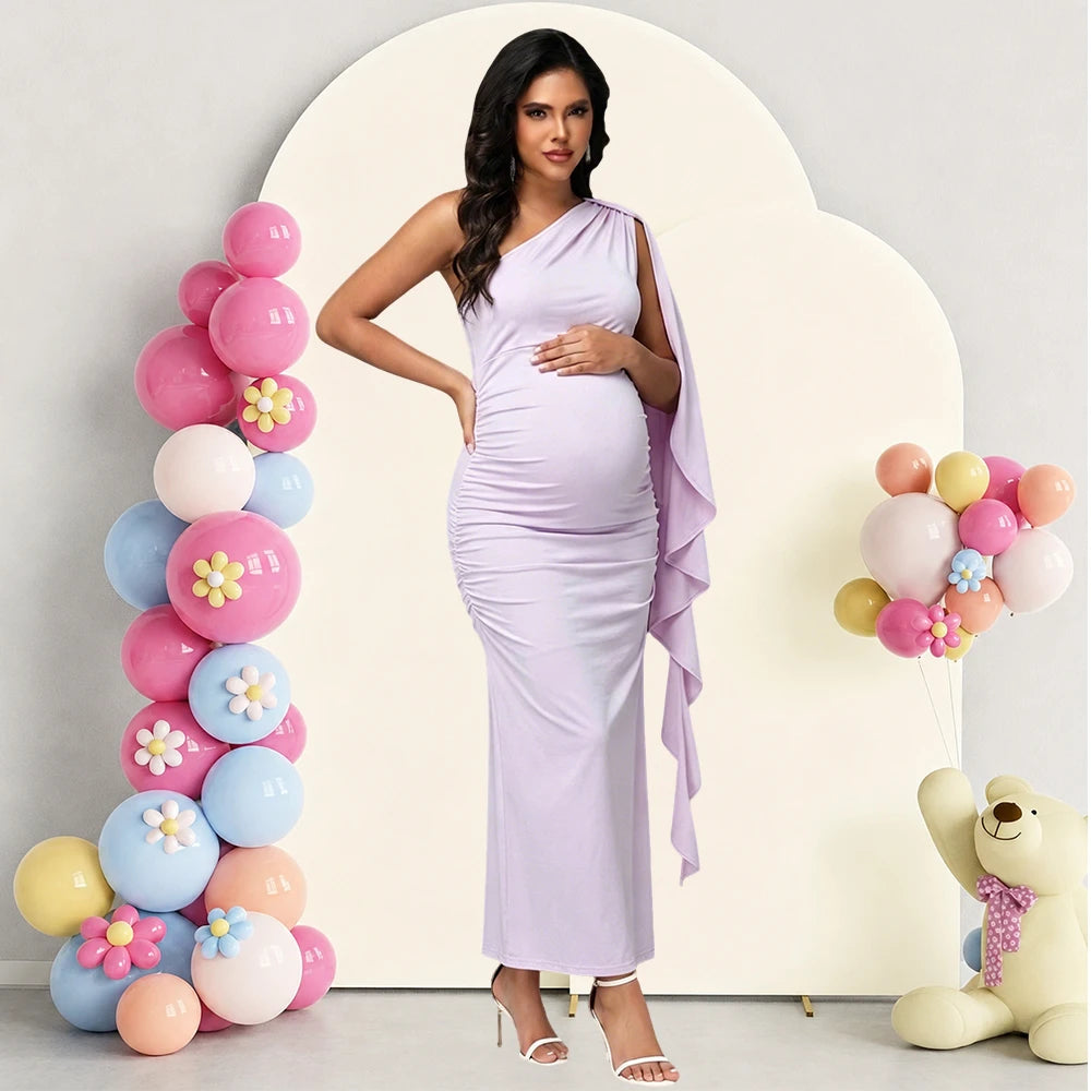 Maternity One Shoulder Ruffle Drape Baby Shower Dress Elegant Fitted Party Long Gown for Photoshoot
