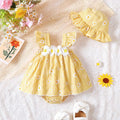 Summer Thin Casual Comfortable Cute Baby Girl Outfit Baby Girl Dress with Plaid Daisy Pattern Ruffle Strap Romper Dress + Hat Set