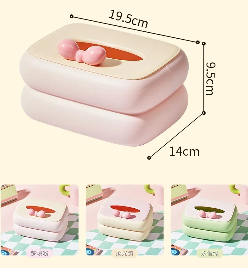 Cute spring-loaded automatic lift tissue box with large storage capacity for desks.