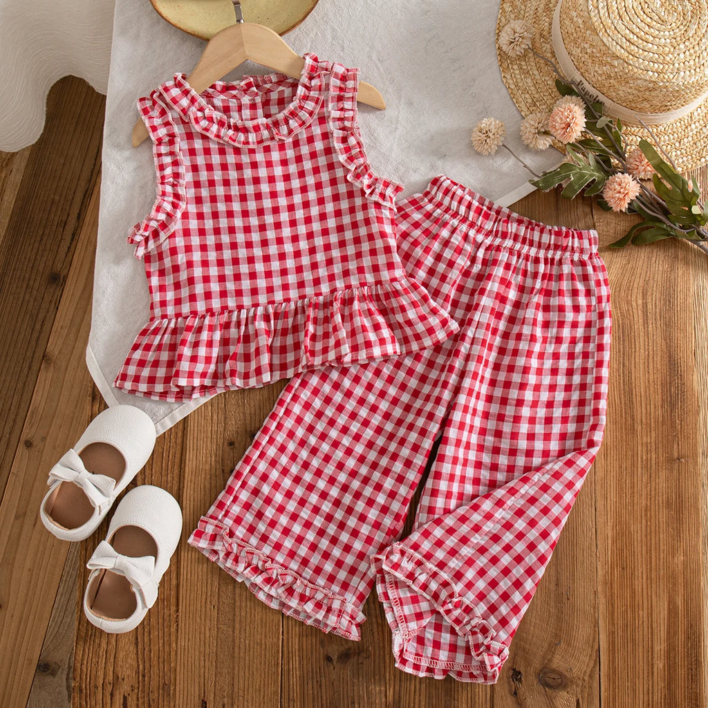 2pc/Set Girls' Outfit Set Summer Checkered Cotton Top And Shorts Baby Girl Clothing Cute Beach Baby Outfit Set