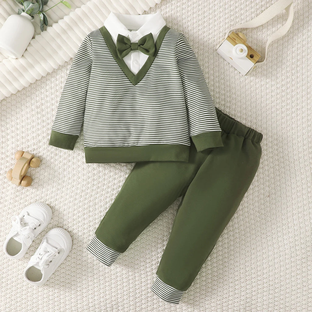 0-3 Years Baby Boy Set Bow Striped College Style Top+Pants 2Pcs/Set Toddler Baby Boy Spring and Autumn Set Baby clothing