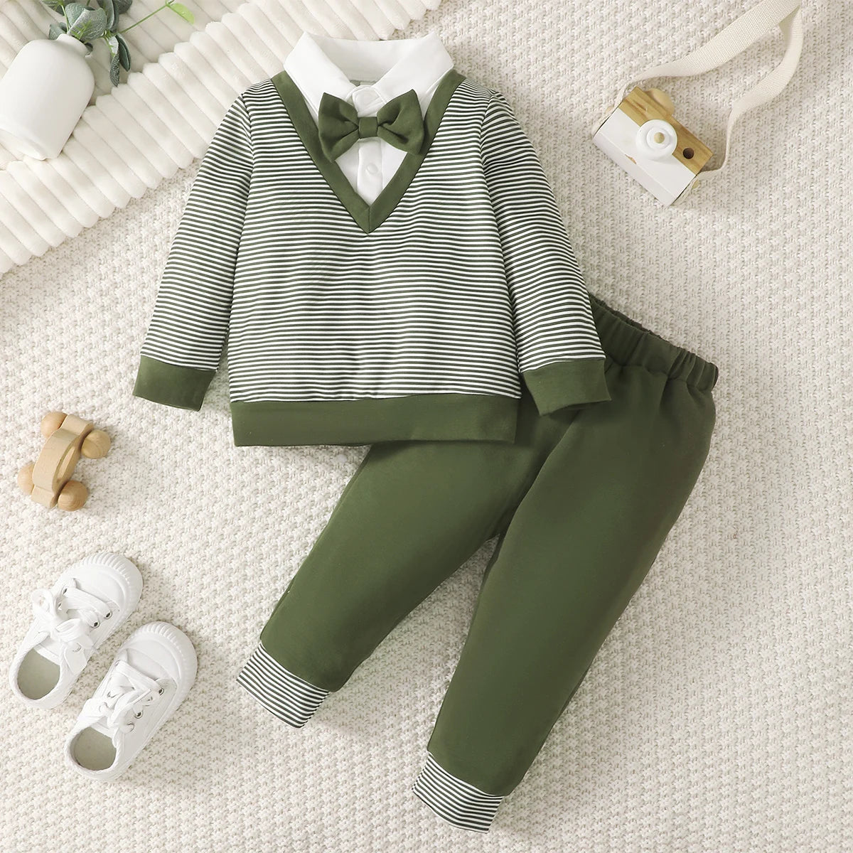 0-3 Years Baby Boy Set Bow Striped College Style Top+Pants 2Pcs/Set Toddler Baby Boy Spring and Autumn Set Baby clothing