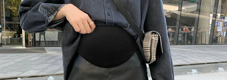 Pretty Maternity Autumn Skirts Vintage High Waist Pregnant Woman Slim Belly Skirts Elegant Pregnancy A-line Pu Leather Skirt