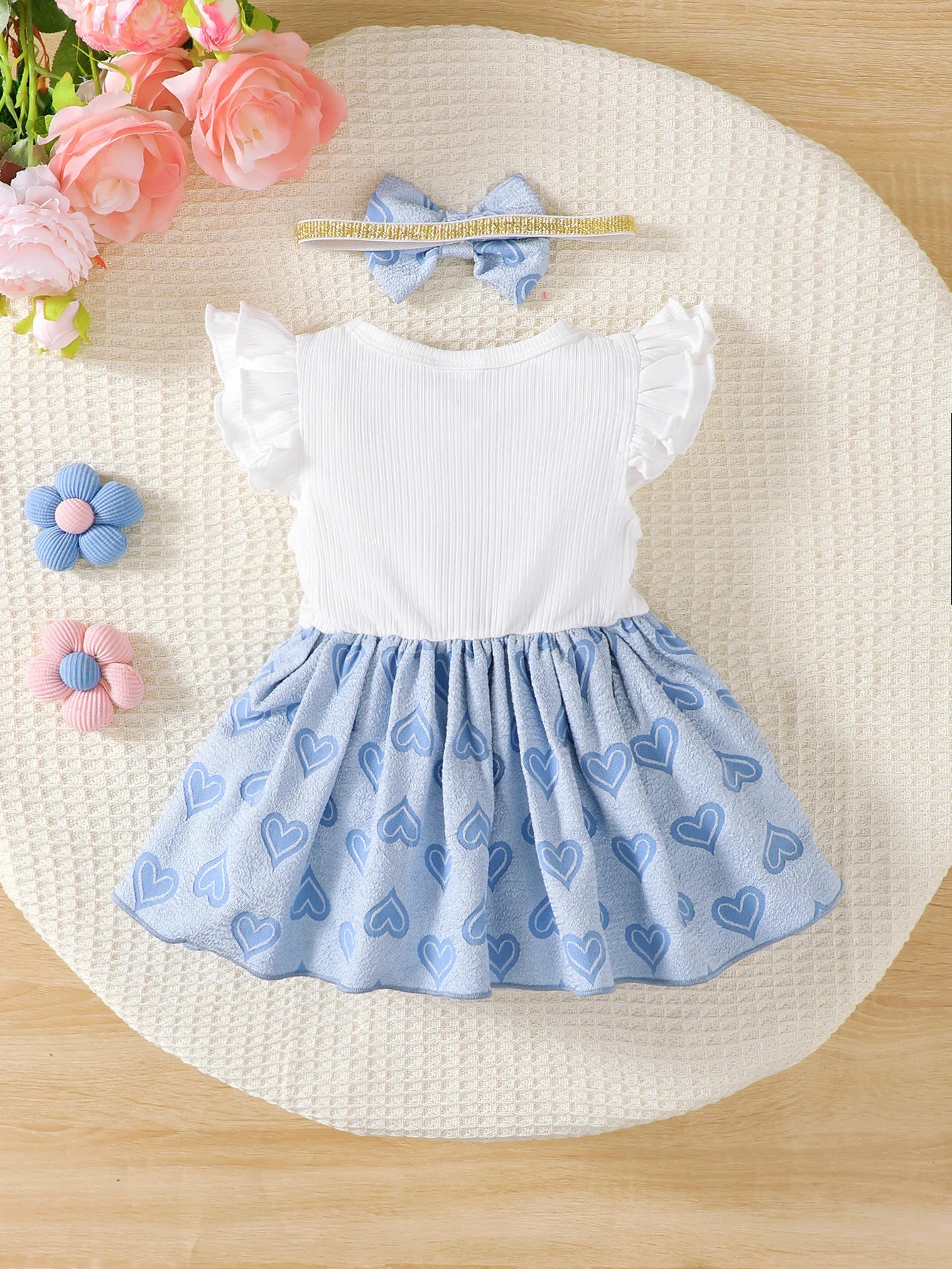 Baby Girl dress Round neck Flying sleeves Heart print Dress+Bow for 0-18 Months Summer Baby girl Fashion Sweet Princess Dress