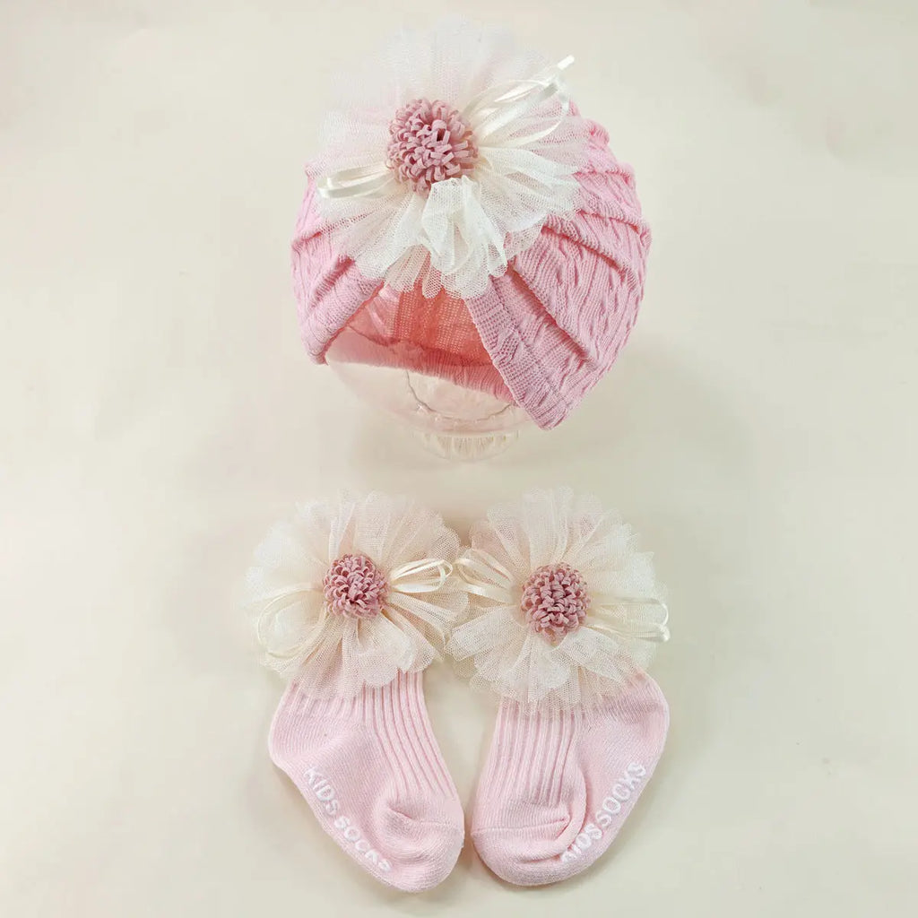 2pcs/set Newborn Elastic Turban Hat set Baby Girls Bow Cap Socks Set Baby Accessories Short Tube Sock Infant Indian Caps