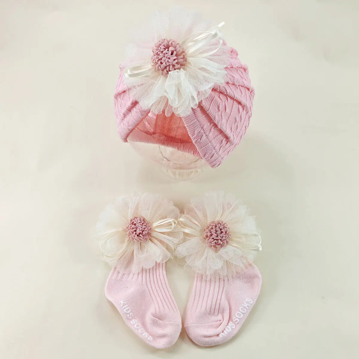 2pcs/set Newborn Elastic Turban Hat set Baby Girls Bow Cap Socks Set Baby Accessories Short Tube Sock Infant Indian Caps