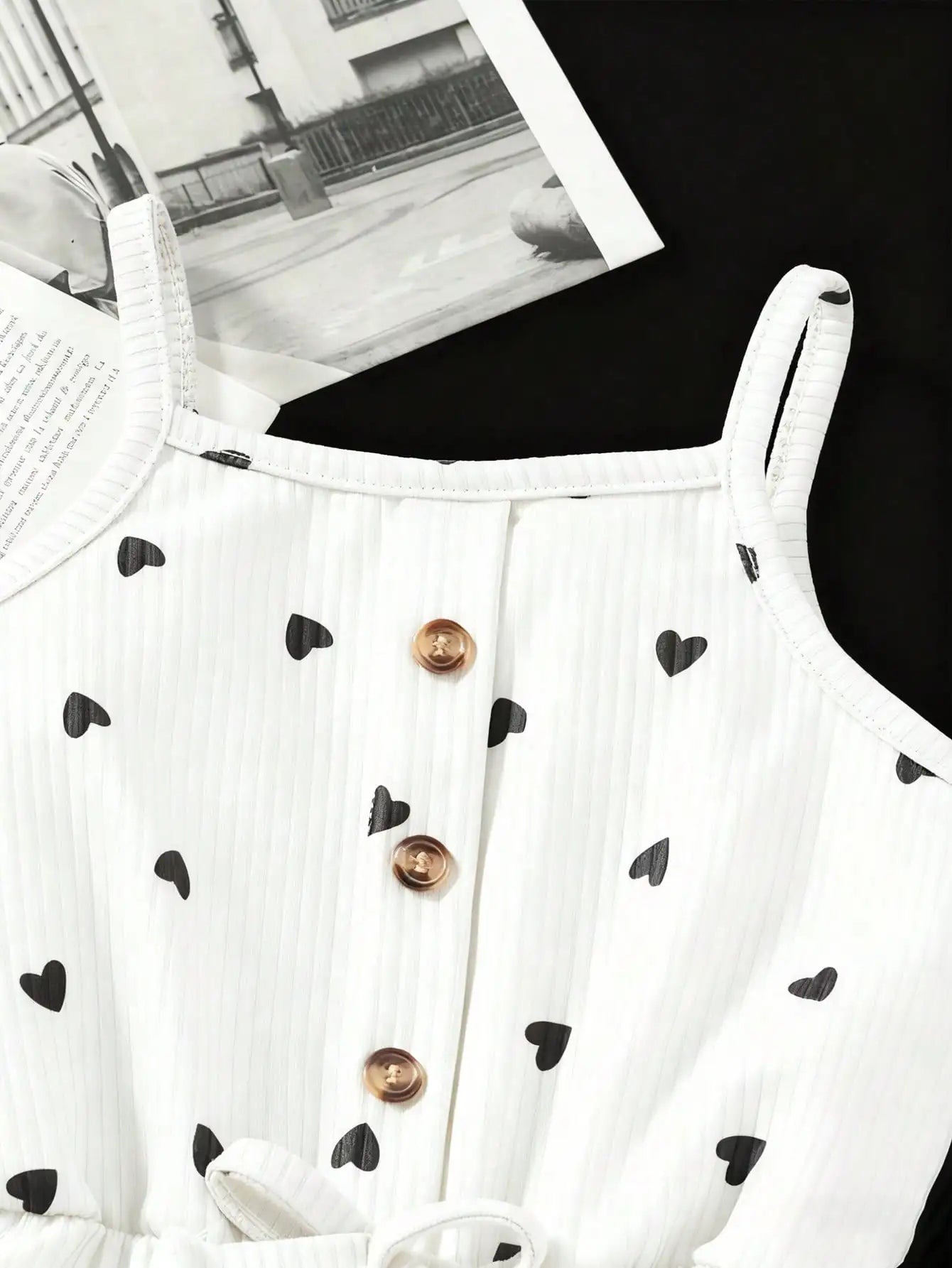 2pcs Girls Casual Summer Button up Heart-Shaped Camisole Jumpsuit Set Two Colors Suitable for Outdoor Travel