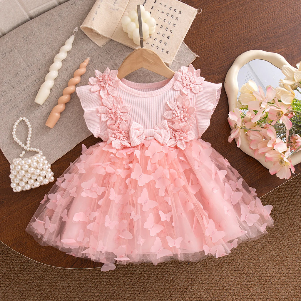 Summer Fashion Solid Color Toddler Princess Fairy Dress Korean Style Sweet Pink Bow Birthday Party Baby Girl Butterfly Dress