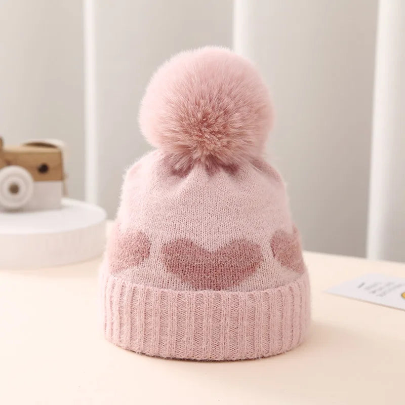 Baby Winter Knitted Hat Double Layer Jacquard Love Heart 0-12 Months Keeps Warm Cozy