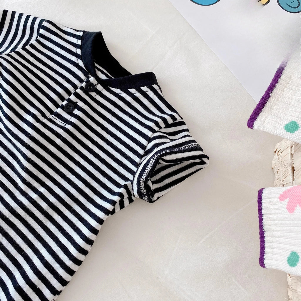 Somenie Unisex Baby Outing Triangular Bodysuit  Boys' Fashion Striped Short-Sleeve Outing Romper Girls' Cute Homewear Onesie