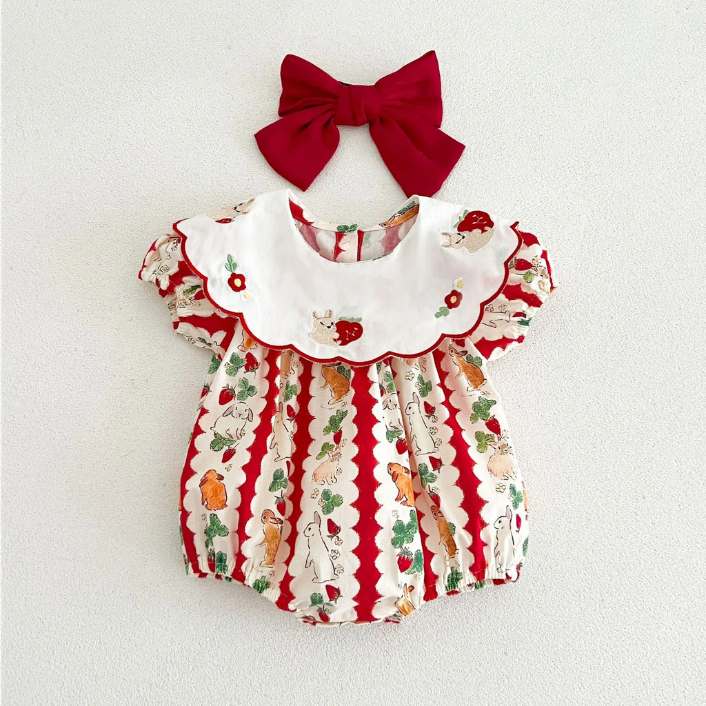 insBaby Girl Rabbit Cartoon Print Embroidered Collar Romper Infant Toddler Sweet Summer Short Sleeve Jumpsuit