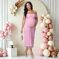Maternity Off Shoulder Twist Floral Mesh Midi Dress Elegant Wedding Party Pregnant Women Gown for Baby Shower Photoshoot