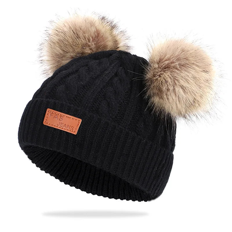 Winter Children Scarf And Hat Three Piece Set With Pom Pom Baby Infant Knitted Hat Warm Wool Thickened