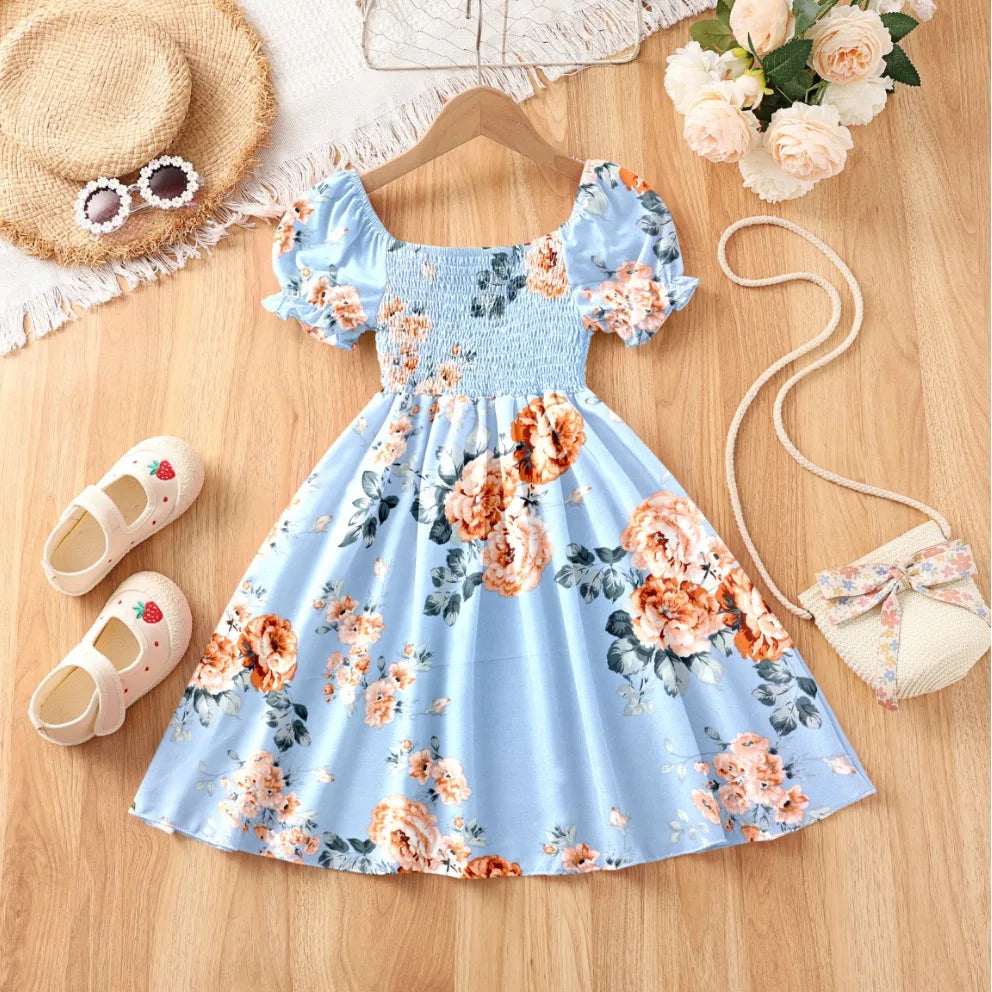 Girls Heart Print Puff Sleeve Dress – Summer Bow Princess Dress for Kids Ages 2-8, Cute Toddler Party & Daily Wear