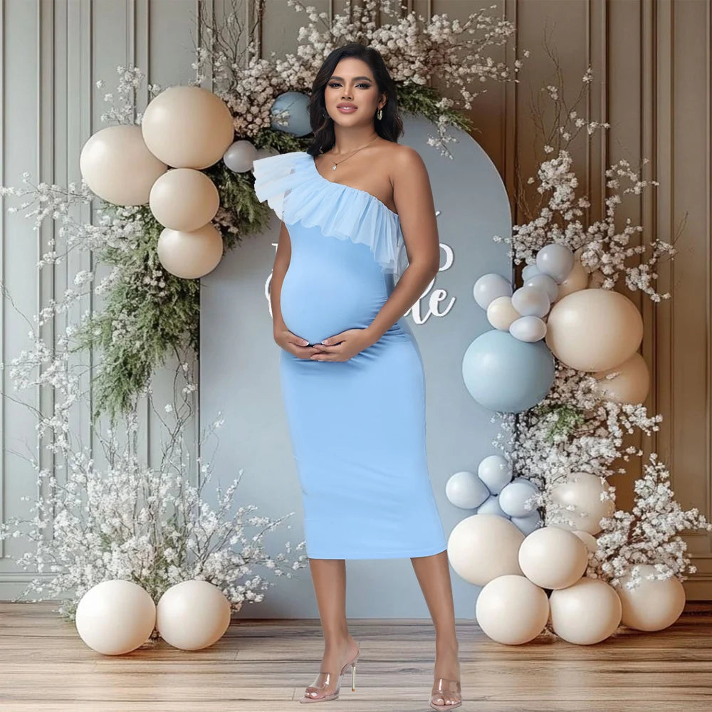 Maternity One-Shoulder Mesh Ruffled Collar Summer Midi Dress  for Party Baby Shower Photoshoot