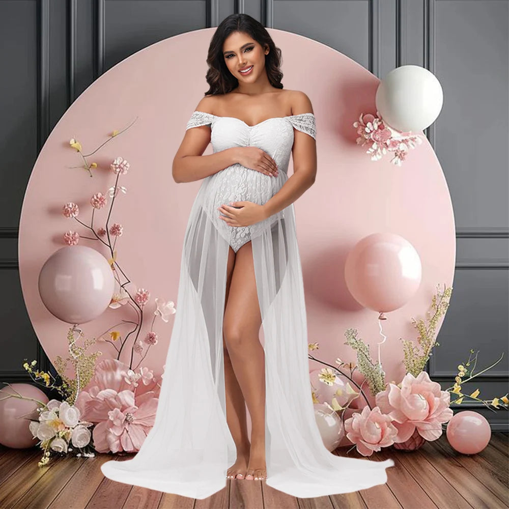 Maternity Summer Lace Off-Shoulder Bodysuit for Photoshoot with Tulle Long Sides Slit Tail Women