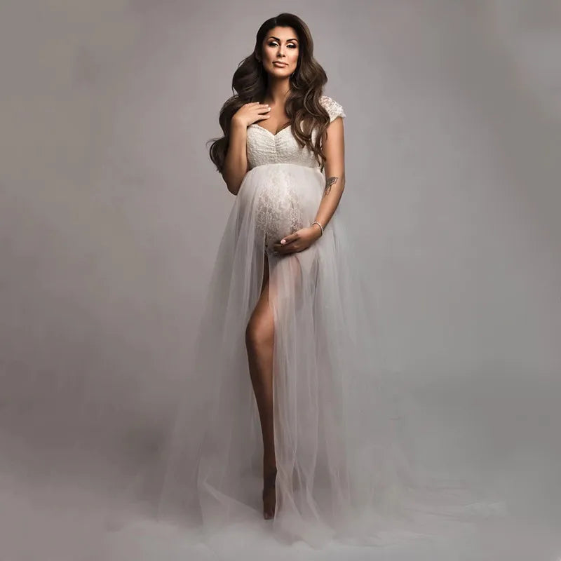 Maternity Summer Lace Off-Shoulder Bodysuit for Photoshoot with Tulle Long Sides Slit Tail Women