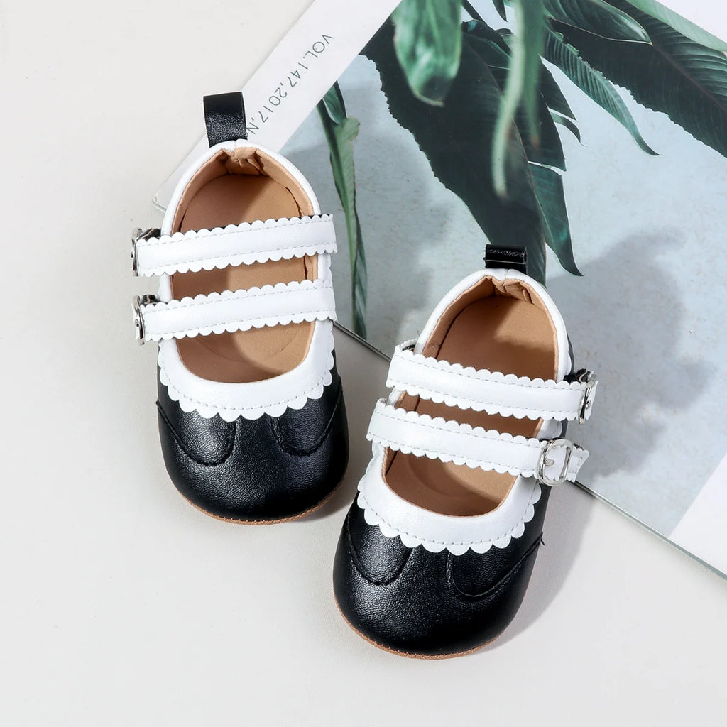 0-18 Months Infant Pre-walker Shoes, Scalloped Lace Trim Dual Buckle Strap Soft Non-slip Rubber Sole Indoor Baby Mary Jane Shoes