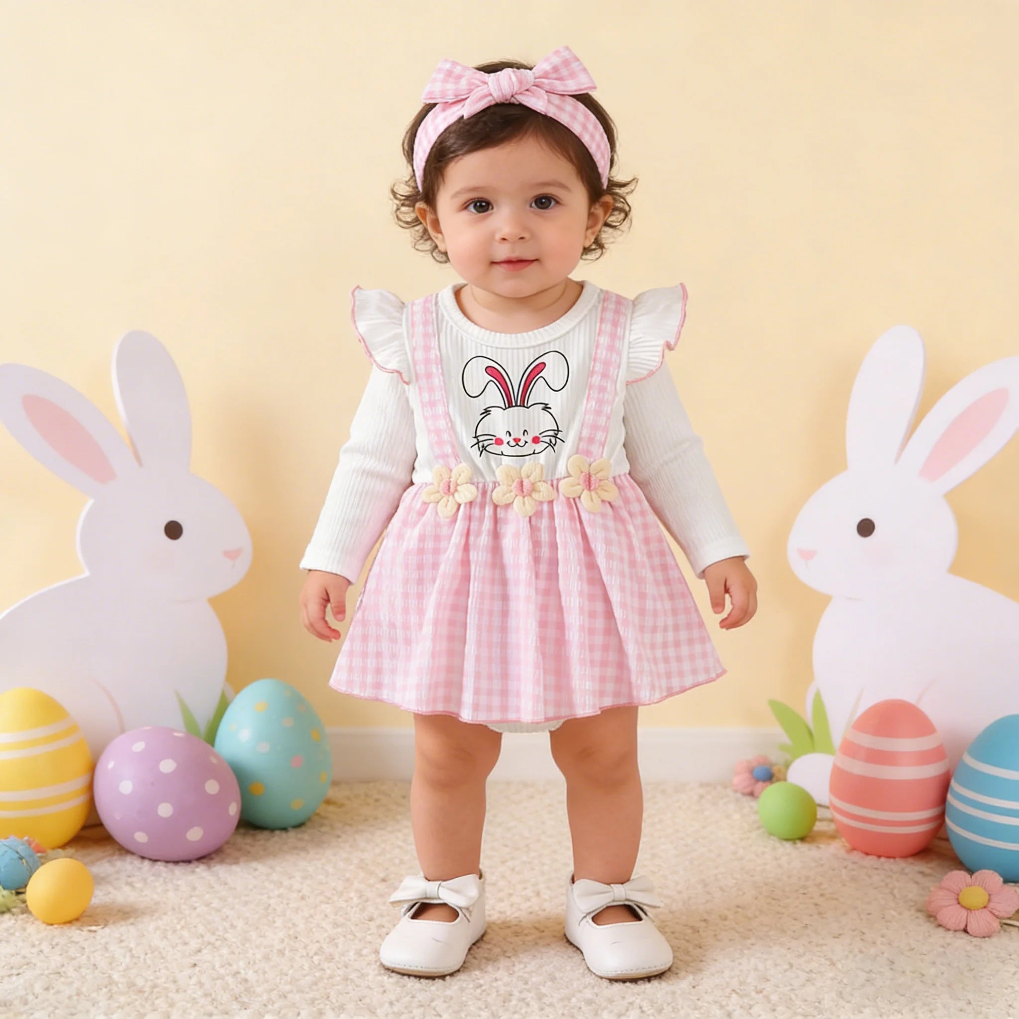 Newborn Baby girl Easter Dress Cartoon Small Rabbit Print plaid Dress+Headband 2Pcs/set for Cute Baby girls 0-18 Months Dress