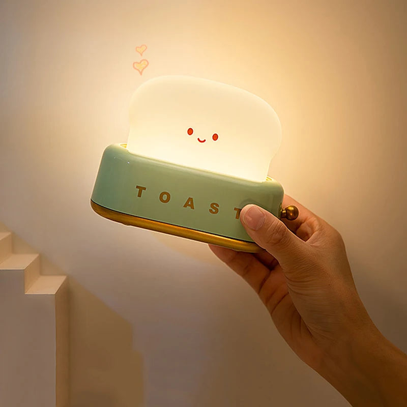 Rechargeable Cute Toaster Night Light - Toast Shape Bedside Lamp with Smile Face,Dimmable Desk Decor,Bedroom,Living Room,Gift