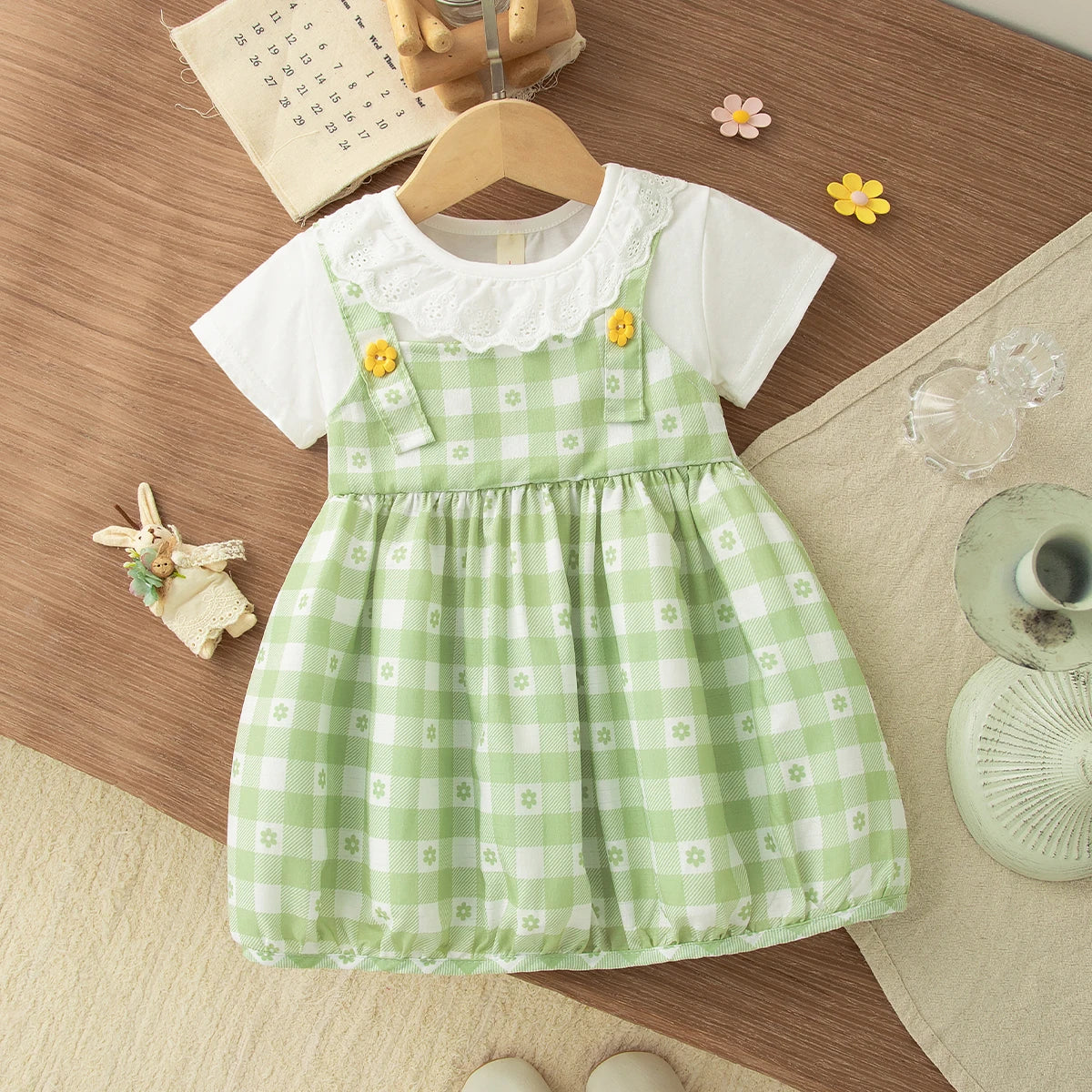 Summer New Sweet Fake Two Piece Baby Girl Dress, Cute Checkered Small Floral Children'S Clothing (3-18 Months)