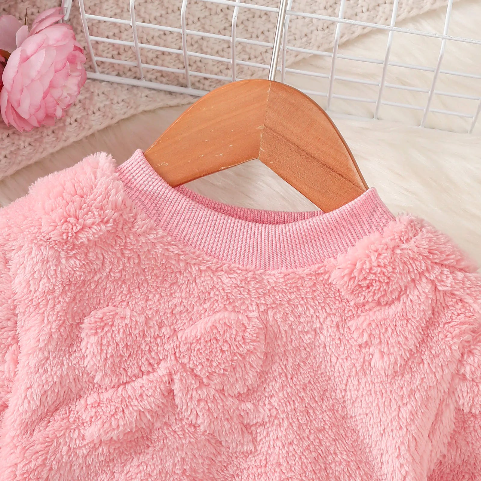Kid girls Plush Long sleeved Dress Round neck, Pink Bow, Fashionable Dress+Mini bag 2Pcs Winter Dress  Girls  4-7 Years Dress